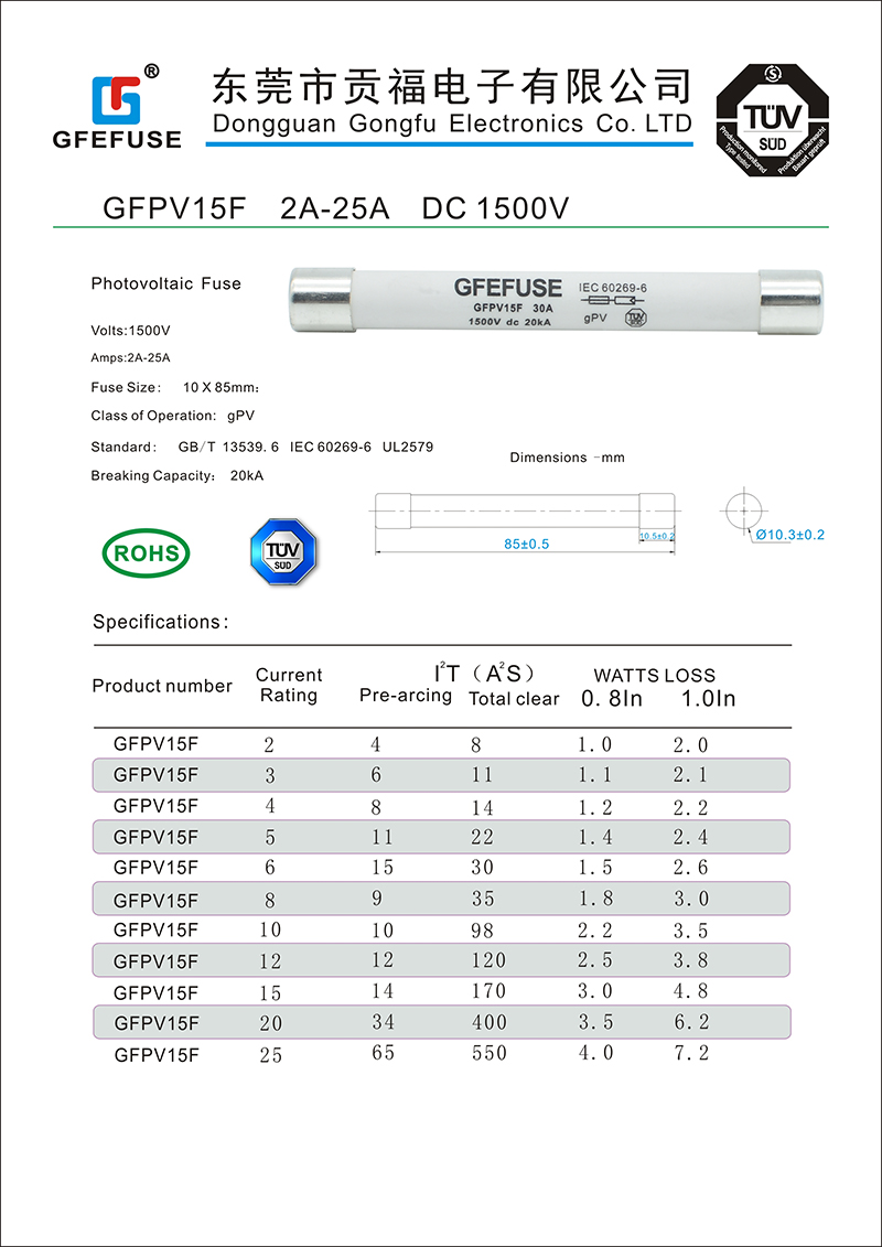 GFPV15F PV FUSE(10X85)DC FUSE（1500V)(图1)